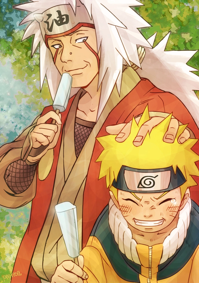 Hình Jiraiya đứng cạnh Naruto 