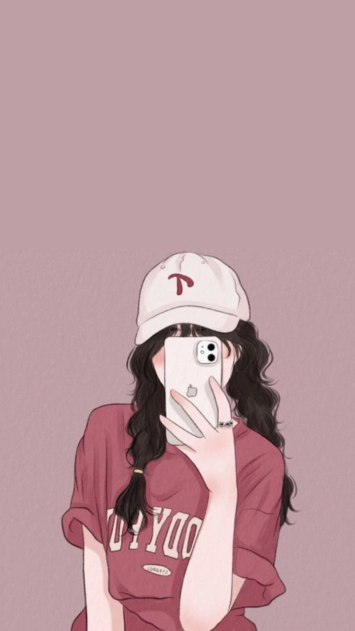 Ảnh anime nữ cầm điện thoại che mặt