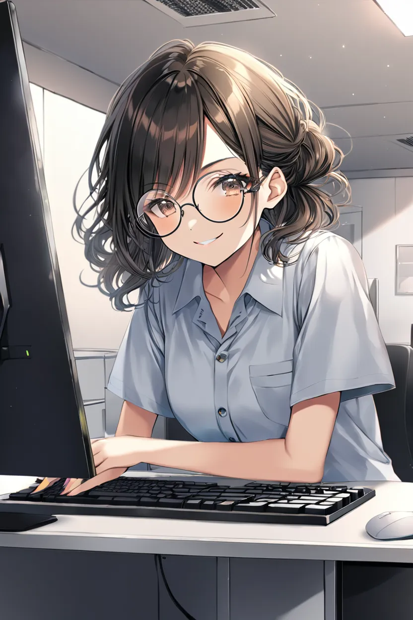 ảnh anime nữ đeo kính mặc sơ mi