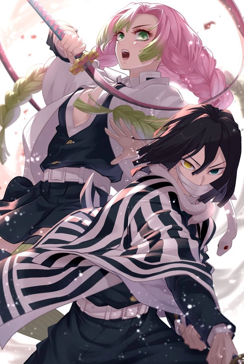 Hình Obanai và Mitsuri thân thiết