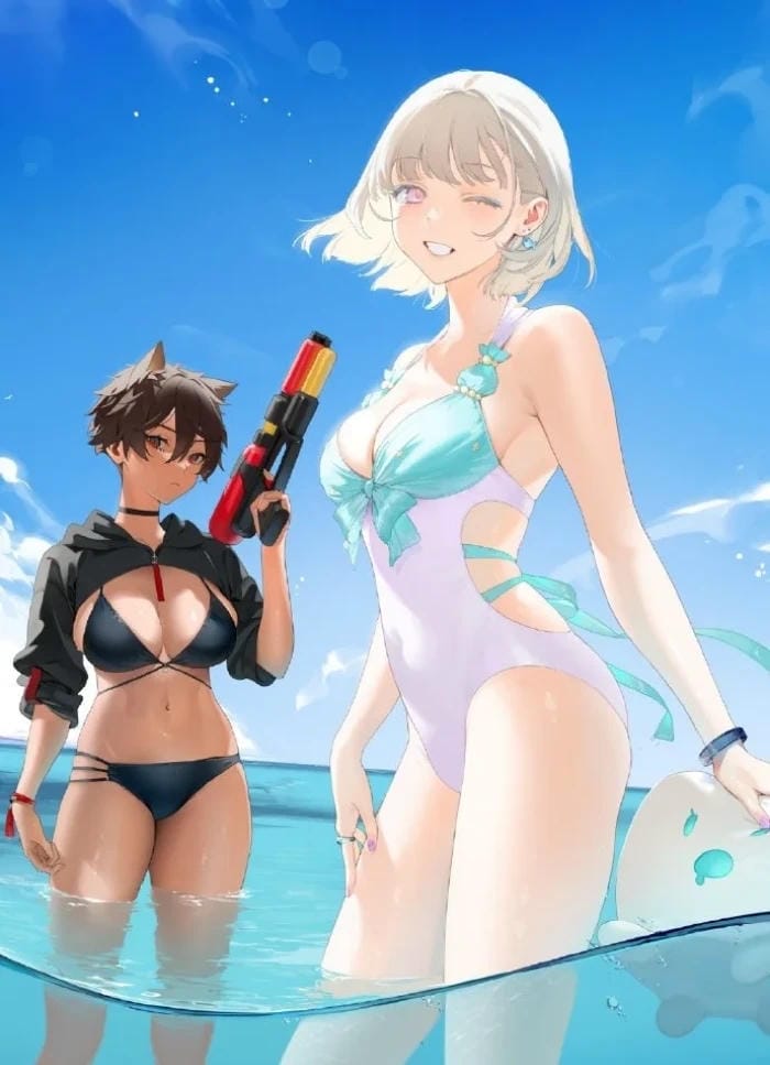 ảnh anime nhóm bạn mặc bikini đi biển