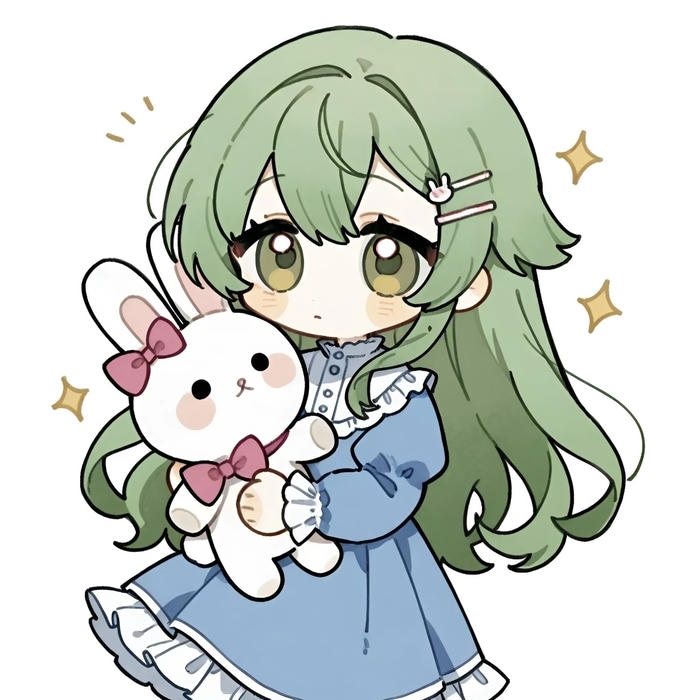 Hình chibi nữ tóc xanh ôm thỏ bông