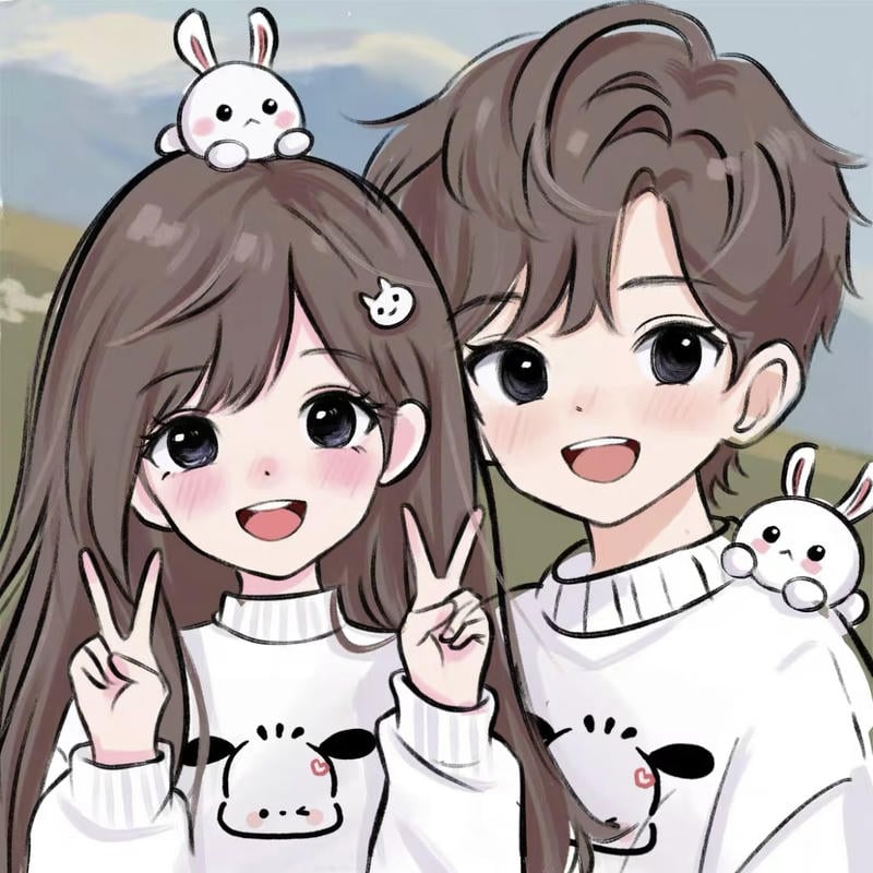 tranh chibi đôi với nét vẽ tròn