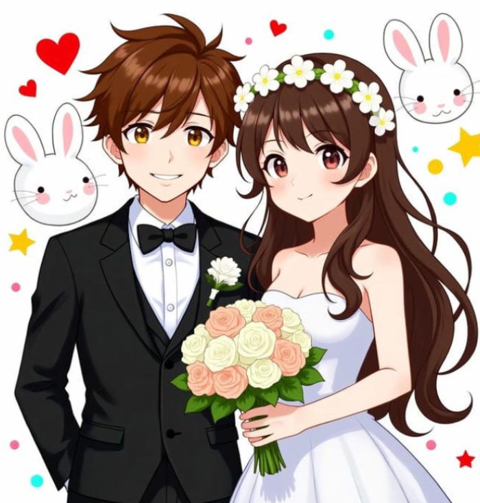 ảnh cô dâu chú rể anime đứng cạnh nhau