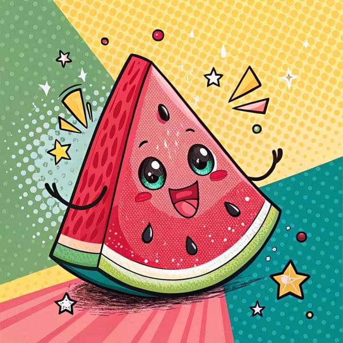 Bức ảnh dưa hấu chibi nhảy nhẹ trên nền sáng