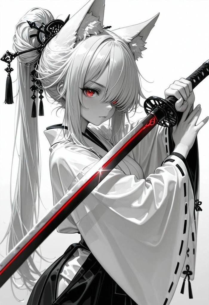 ảnh anime nữ cầm kiếm ánh mắt kiên định