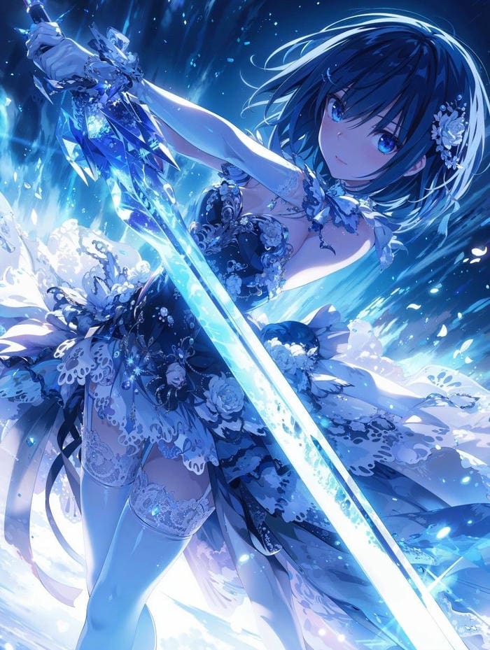 ảnh anime nữ cầm kiếm tư thế chiến đấu