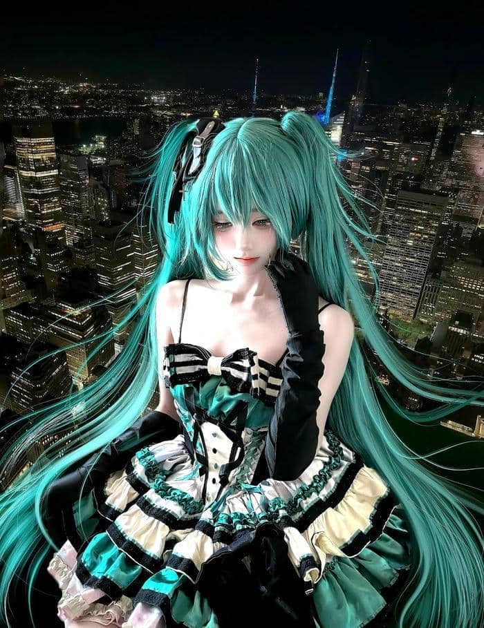 ảnh gái xinh cosplay nhân vật anime tóc xanh nổi