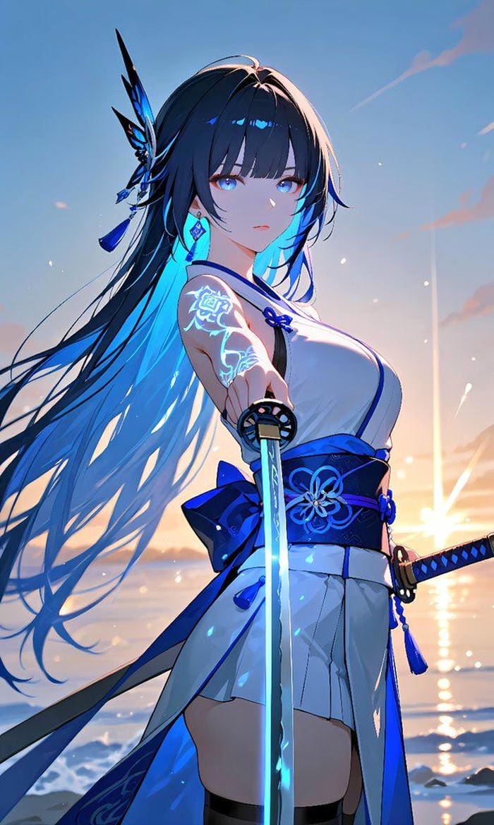 ánh nhìn kiên định ảnh anime nữ cầm kiếm