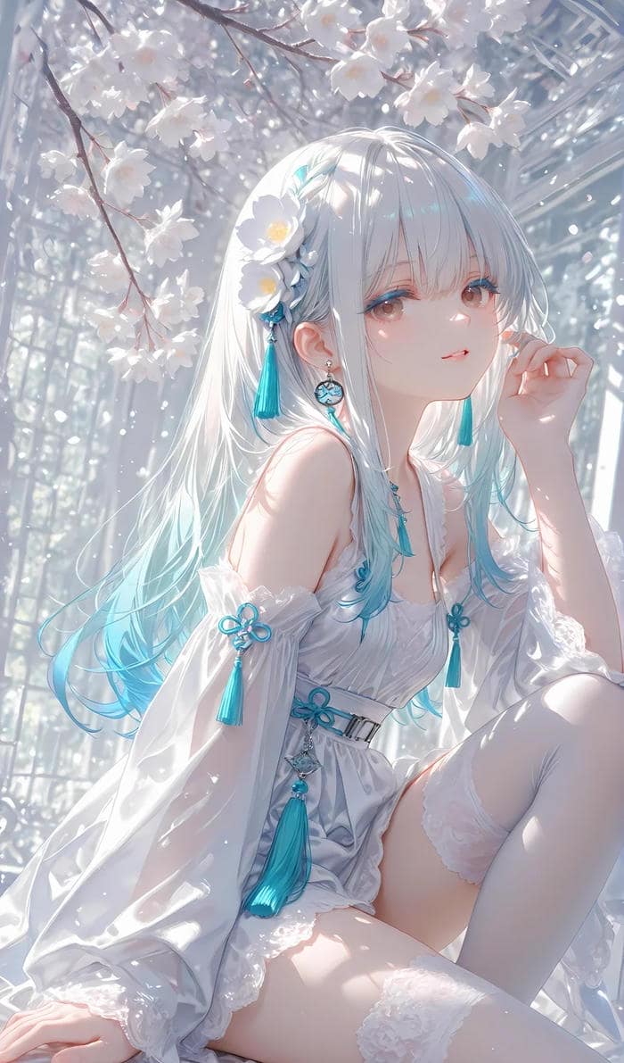 hình nền anime nữ váy trắng giữa khu vườn