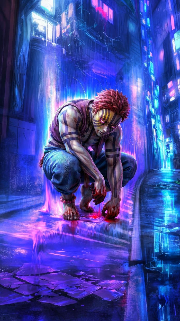 hoa văn xanh nổi bật ảnh akaza ngồi