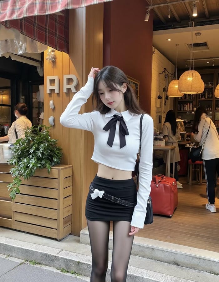 Ảnh gái xinh mặc váy ngắn gam be trang nhã