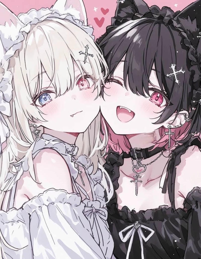 Hai nhân vật hoạt hình cười đùa khung cảnh tình bạn anime