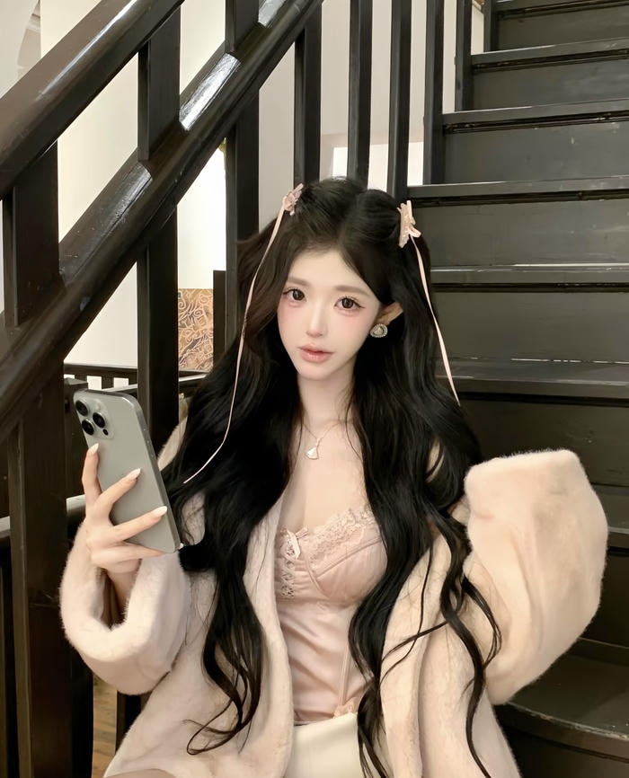 Hình gái xinh mặc pinky diện áo khoác hồng pastel