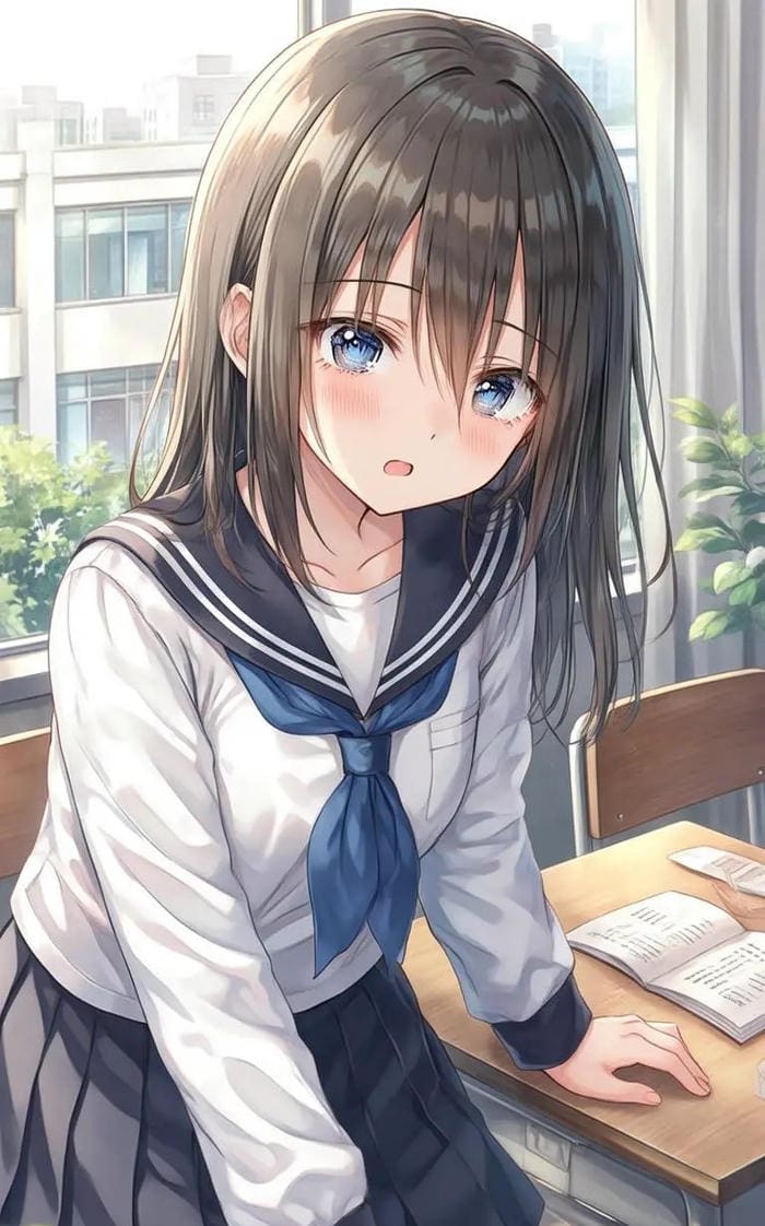 ảnh anime nữ học sinh bên cửa sổ lớp học