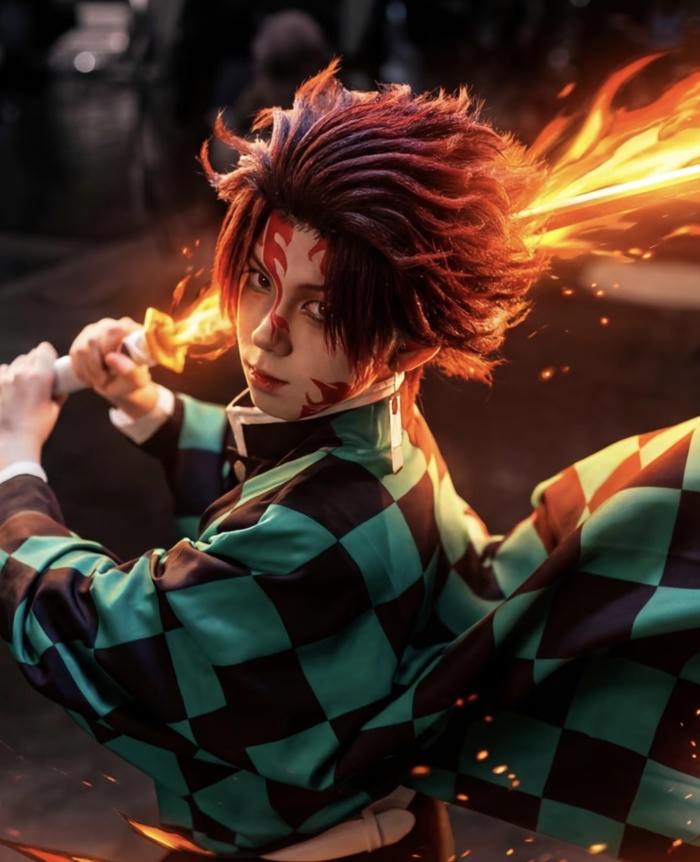 Ảnh Tanjiro cosplay tư thế tấn công dũng mãnh