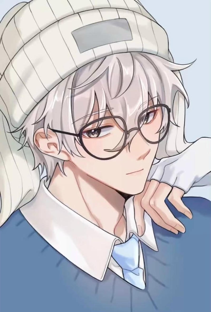 Ảnh anime học sinh nam đeo kính tạo dáng hành lang