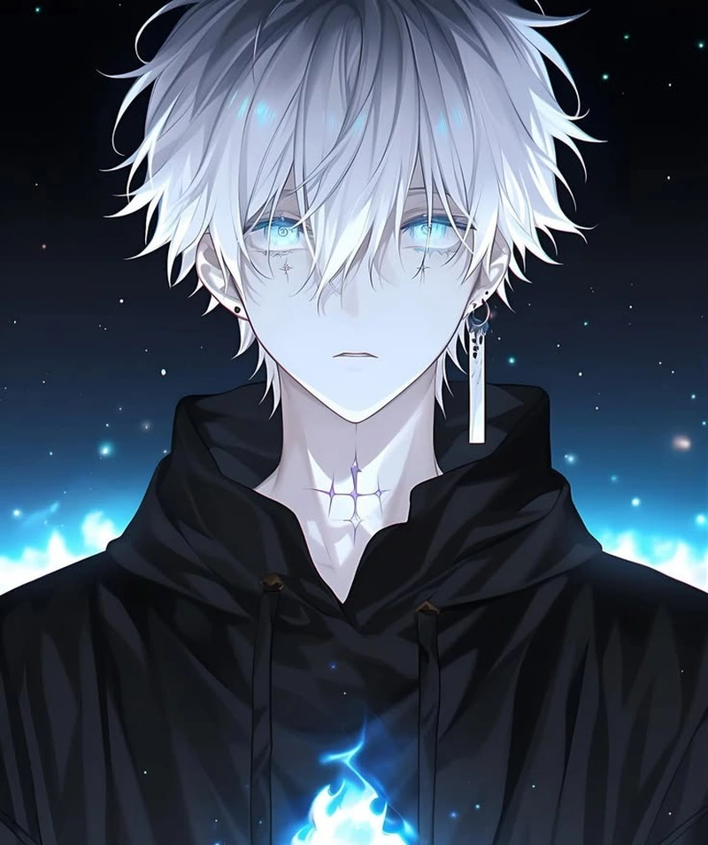 Ảnh anime nam tóc trắng với biểu cảm nghiêm nghị cực chất