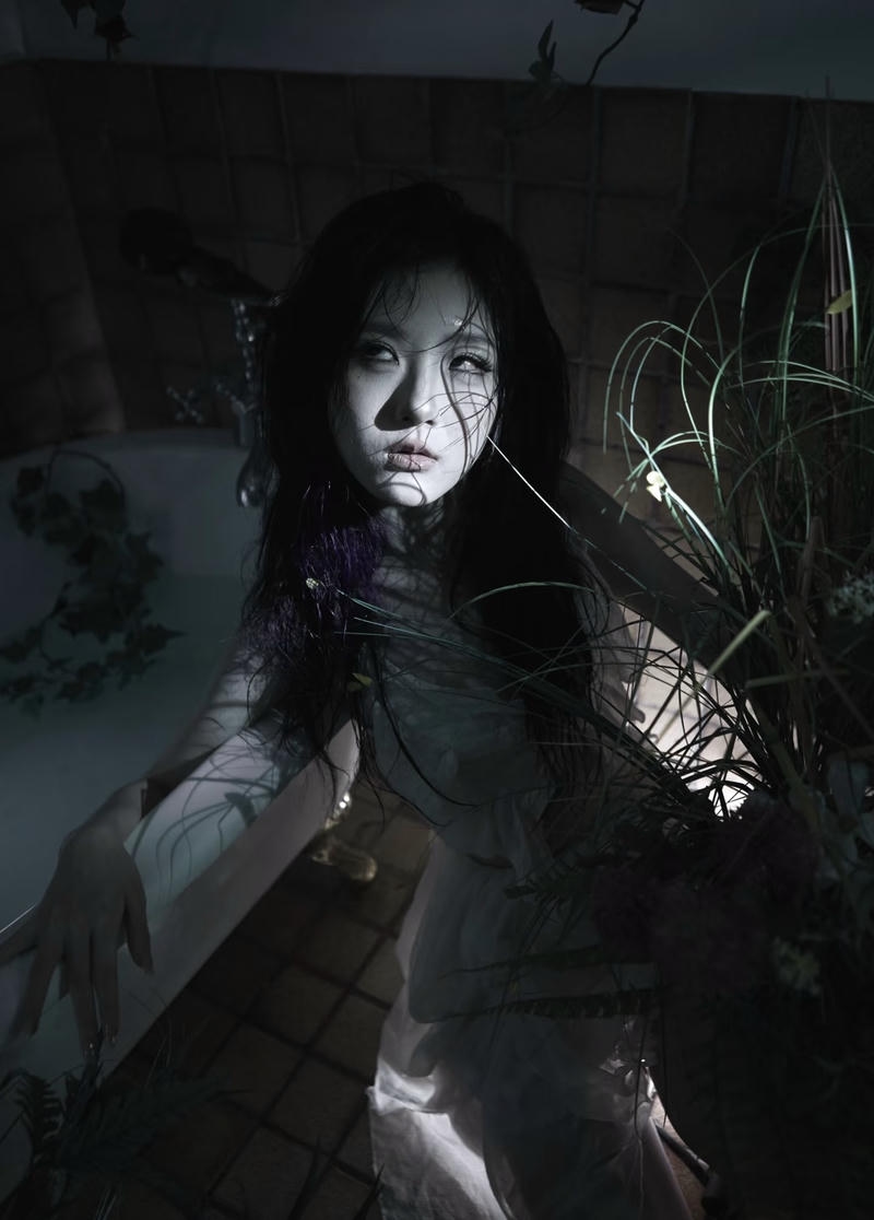 Mái tóc che kín khuôn mặt tạo hình ma nữ đáng sợ