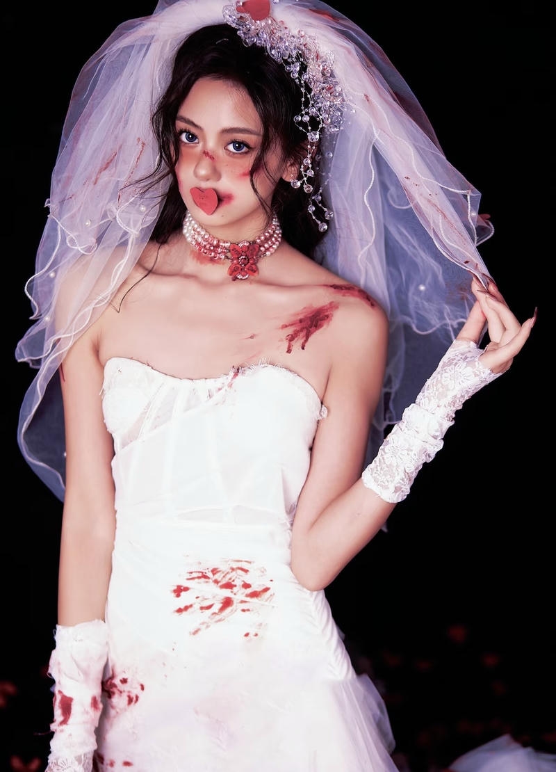 Mái tóc đen dài kết hợp khăn voan cô dâu ma