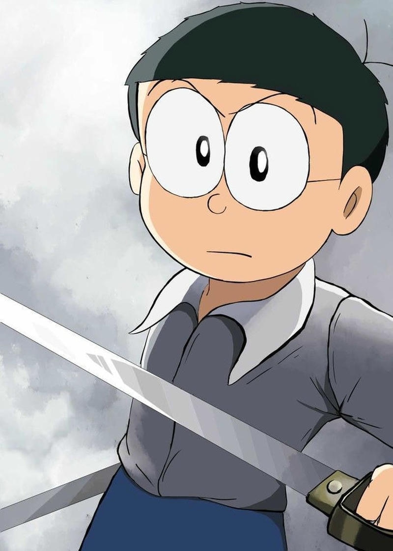 Ảnh Nobita tập luyện kiếm thuật ánh mắt kiên định
