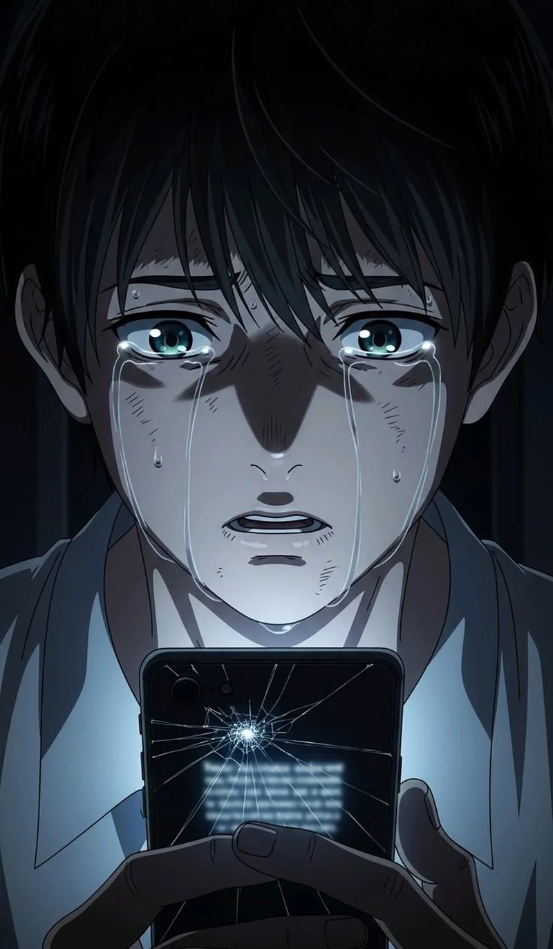 Cảnh anime buồn với giọt lệ rơi nhẹ nhàng