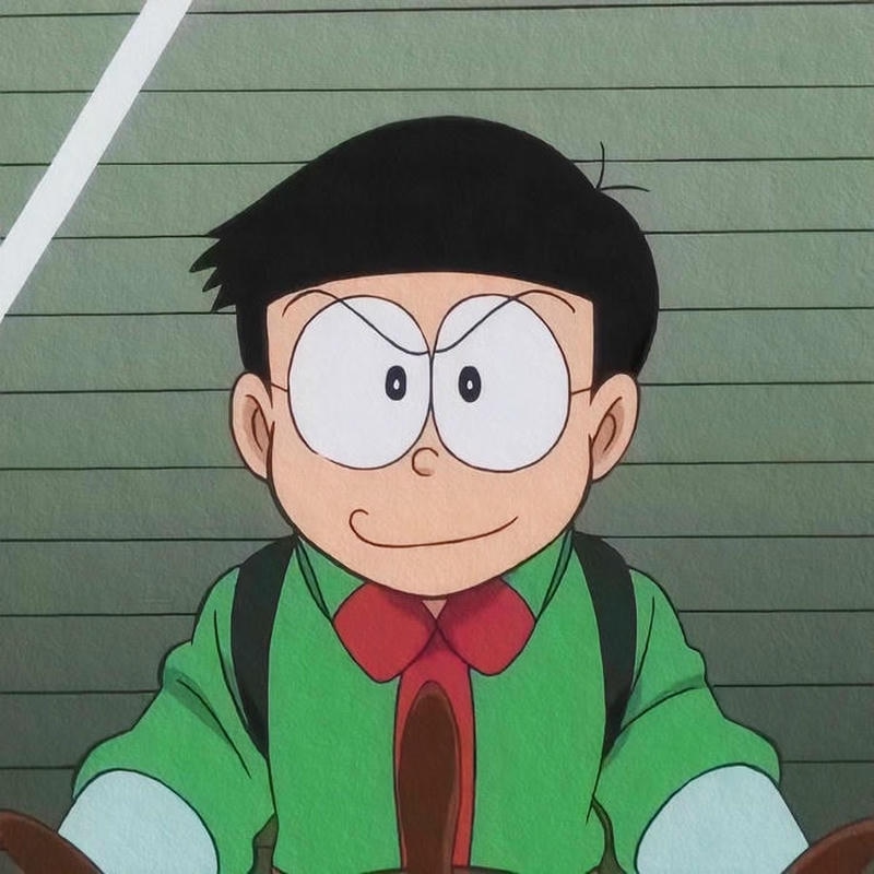 Cậu bé đeo kính đứng nhìn bầu trời xanh trong ảnh Nobita