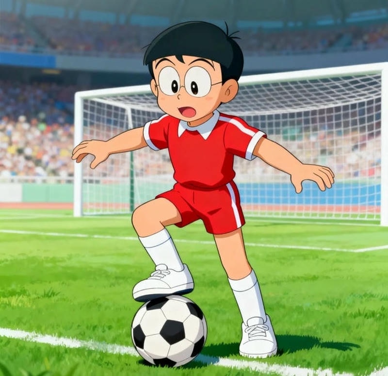 Đam mê bóng đá hiện cảm xúc Nobita vui vẻ