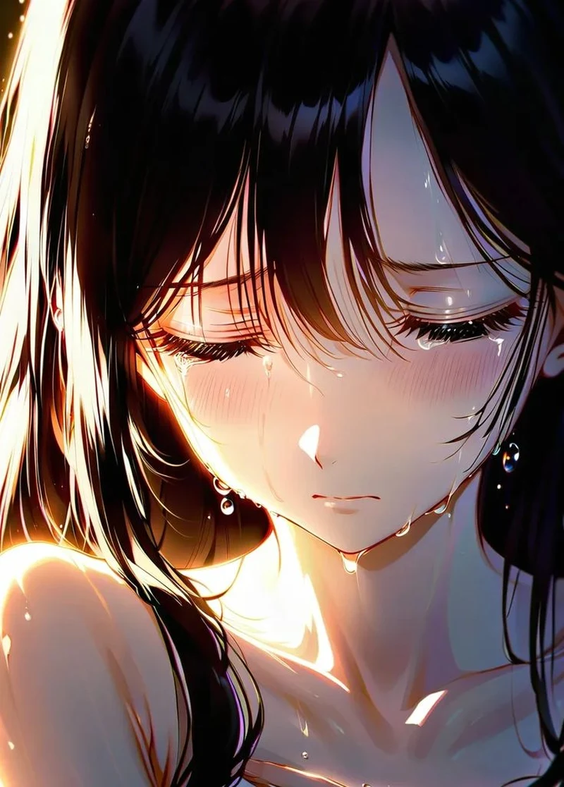Nhân vật anime tâm trạng với ánh mắt đỏ hoe