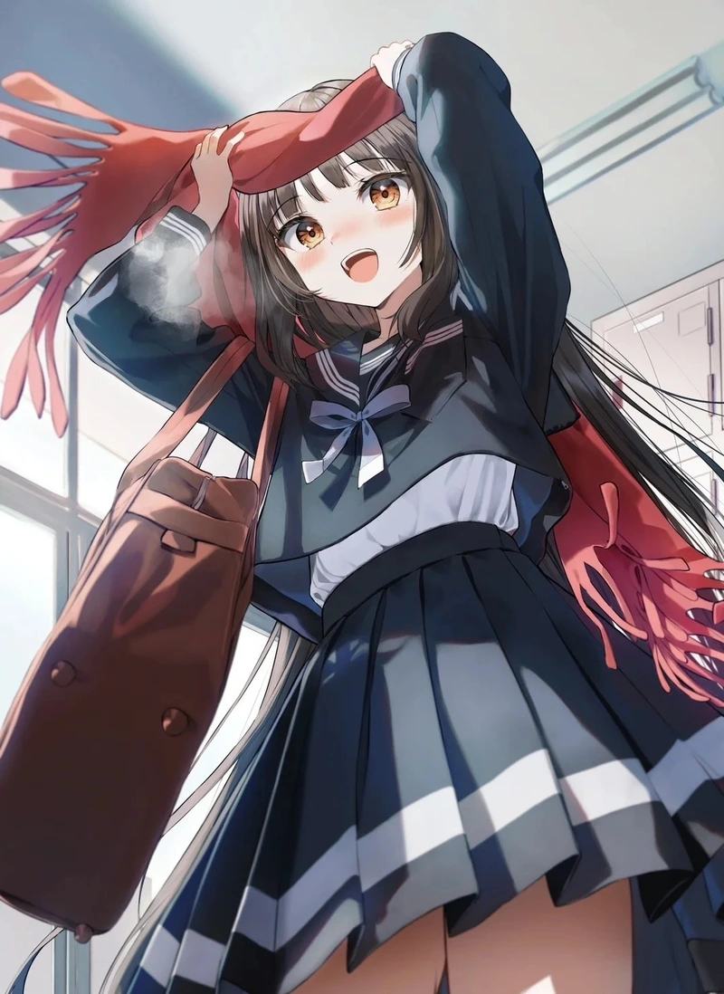 Ảnh anime học đường với hàng ghế cạnh cửa sổ