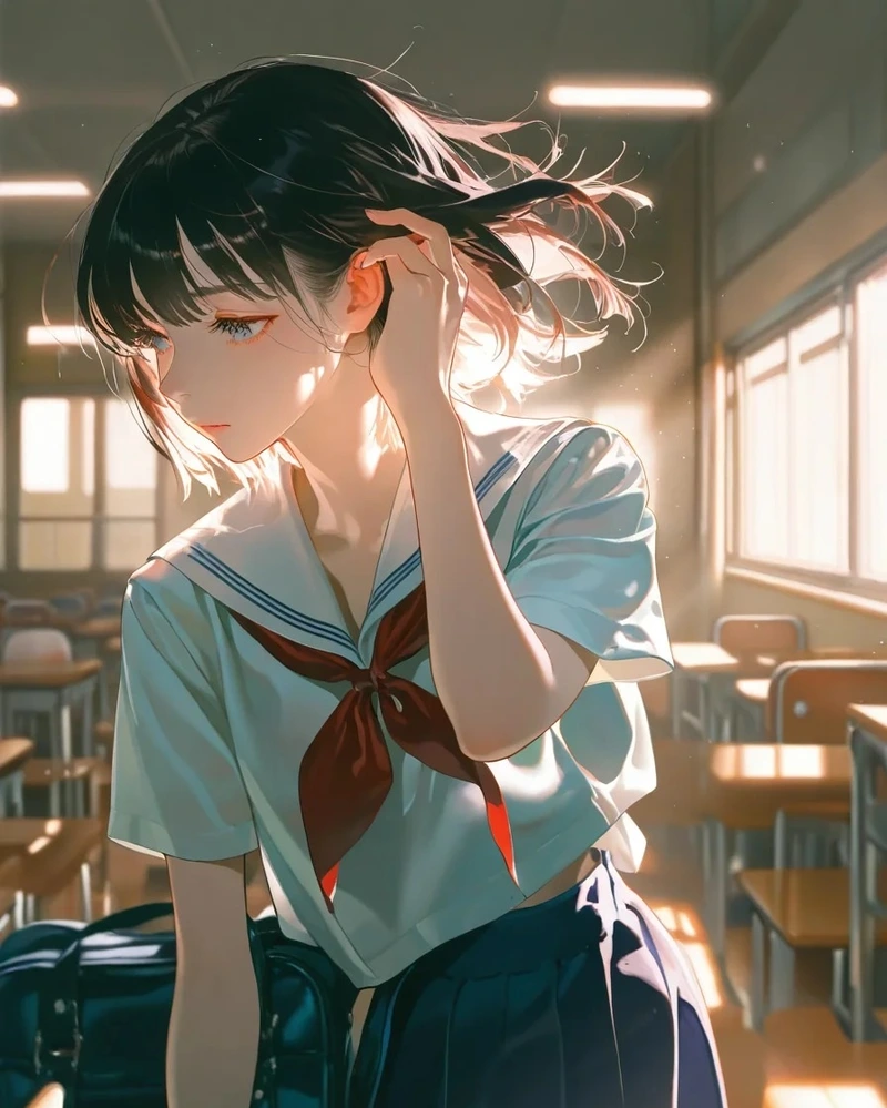 Hình ảnh anime học đường trong sân trường mùa xuân